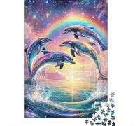 Salto Fantasía Delfines Puzzle de 1000 Piezas Papel Juego de Puzzle 1000 Piezas Escena Atardecer Arcoíris Relajación Concentración Decoración Regalo Familiar 52x38cm/1000pcs