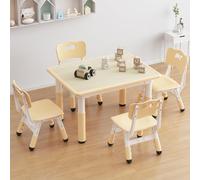 Salutmeuble - Mesa infantil con 4 sillas, juegos de mesa y silla infantil para guarderías, regulable en altura, con bandeja de graffiti y cojín antideslizante, color madera