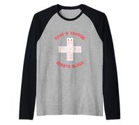 Salva a un Vampiro, Dona Sangre, Divertido Halloween Camiseta Manga Raglan