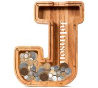 Salvadanaio personalizzato per Bambini,Salvadanaio per Ragazzi e Ragazze,Grande salvadanaio di Legno con lettere infrangibili,Divertenti Regali per compleanni,Natale,Festival,Baby Shower (J)