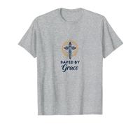 Salvados por la Gracia: Cruz Elegante para Cristianos, Cristianos Camiseta, Hombre, Gris Jaspeado, XL