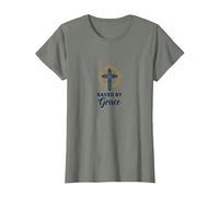 Salvados por la Gracia: Cruz Elegante para Cristianos, Cristianos Camiseta, Mujer, Verde Militar Jaspeado, L