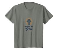 Salvados por la Gracia: Cruz Elegante para Cristianos, Cristianos Camiseta, Niños, Verde Militar Jaspeado, 4 años
