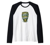 Salvados por la Misericordia, creciendo a través de la fe, diseño Cristiano Camiseta Manga Raglan