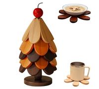 Salvamanteles de madera para árbol de Navidad: juego de alfombrillas plegables resistentes al calor de 5 piezas, posavasos de madera natural con soporte | Salvamanteles en forma de vacaciones, tap