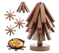 Salvamanteles de Madera para Platos Calientes, Juego de Manteles de Nogal, Juego de 4 Soporte de Madera Plegables para Platos Calientes, Teteras y Cuencos, Posavasos de Madera en Forma de Árbol