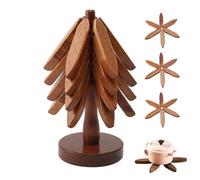 Salvamanteles de madera para platos calientes, juego de salvamanteles en forma de árbol, 4 piezas de madera de nogal + 1 soporte, salvamanteles plegables de madera de cocina, para platos calientes