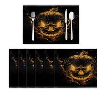 Salvamanteles Individuales Cara Calabaza Extraña Juego de 2, Manteles Individuales Calavera Calabaza Lavables Resistentes al Calor Antideslizante Fácil de Limpiar para Mesa de Cocina, Amarillo-Marrón