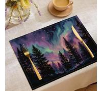 Salvamanteles Individuales Juego de 4, Manteles Individuales Auroras Boreales Cielo Nocturno Mantel Individual Silueta Bosque, Resistentes al Calor Antideslizante Fácil de Limpiar 30x45cm, Púrpura