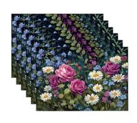 Salvamanteles Individuales Pintura Al Óleo Flores Silvestres Juego de 8, Manteles Individuales Margaritas Y Rosas Lavables Resistentes al Calor Fácil de Limpiar para Mesa de Cocina, Verde Oscuro