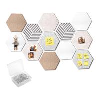 Samamoca 12 placas hexagonales de corcho, tablón de anuncios de fieltro hexagonal con 50 pasadores transparentes, tablero de notas hexagonal, tablón de anuncios de fieltro para fotos, notas