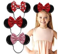 SAMARKAND Diadema con Orejas de Minnie (3 Piezas) Lazo de Lentejuelas - Orejas Ratón con Banda Elástica y Ajustable Sin Dolor De Cabeza - Diadema con Orejas de Ratón para Niñas y Mujeres