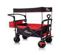 SAMAX Carro Plegable con Techo extraíble Carrito de Jardín de Mano - Carreta con Freno y Bolsa de Cola - para Jardín y Aire Libre Playa de Carro de Transporte Offroad - Negro/Rojo