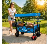 SAMAX Carro Plegable con Techo extraíble Carrito de Jardín de Mano - Carreta con Freno y Bolsa de Cola - para Jardín y Aire Libre Playa de Carro de Transporte Offroad - Azul