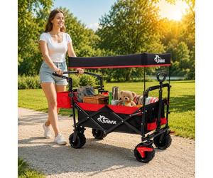SAMAX Carro Plegable con Techo extraíble Carrito de Jardín de Mano - Carreta con Freno y Bolsa de Cola - para Jardín y Aire Libre Playa de Carro de Transporte Offroad - Negro/Rojo