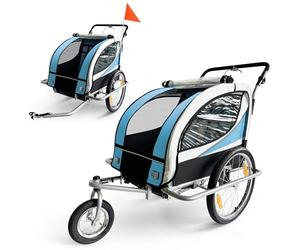 SAMAX Remolque de Bicicleta para Niños 360° girable Kit de Footing Transportín Silla Cochecito Carro Suspensíon Infantil Carro en Azul - Silver Frame
