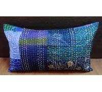 Sambhav Quilt Hub Funda de almohada decorativa de algodón Kantha con estampado de animales, hecha a mano, estilo bohemio, vintage, para sofá, lumbar, 20 x 30 pulgadas, color azul