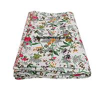 Sambhav Quilt Hub Manta Kantha hecha a mano con estampado Kantha Bird of Paradise, tamaño Queen/Twin/King, color blanco, colcha Kantha, colcha bohemia (108 x 108 pulgadas)