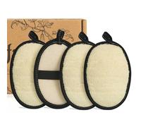 SAMEBUTECO Juego de 4 esponjas naturales exfoliantes corporales con bordes negros y trabillas para colgar para hombres y mujeres, ideal para limpieza de poros, ducha, alisado de la piel