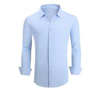 SAMERM Camisa de vestir para hombre, sin arrugas, absorbe la humedad, ajuste atlético, elástico en 4 direcciones, casual, con botones, Camisa de manga larga azul, Small
