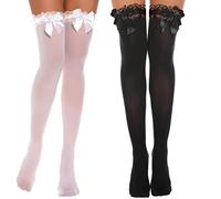 SamHeng 2 Pares Mujer Medias Autoadhesivas con Top de Encaje, Sexy Transparente Medias Hasta el Muslo con Lazo de Raso, Medias con Lazo Medias de Seda para Damas Chicas Vestido de Lujo (Blanco+Negro)