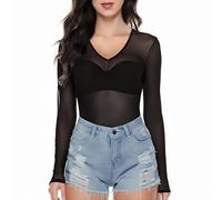 SamHeng Blusas transparentes negras para mujer blusas de malla de manga larga con escote en V transparente Y2K para salir atuendos para discotecas blusas casuales sexis camisetas básicas ajustadas,XL