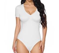SamHeng Body con cuello en V para mujer Camiseta sin mangas de manga corta Trajes de cuerpo de leotardo sexy para mujer con cierre a presión Camisetas informales ajustadas para salir (Blanco/L)