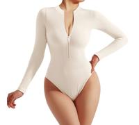 SamHeng Body de manga larga acanalado para mujer parte superior de leotardo de ajuste delgado y ropa moldeadora frontal con cremallera traje de cuerpo con control de barriga traje informal(Blanco/M)