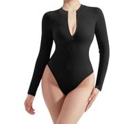 SamHeng Body de manga larga acanalado para mujer parte superior de leotardo de ajuste delgado y ropa moldeadora frontal con cremallera traje de cuerpo con control de barriga traje informal(negro/L)