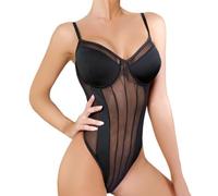 SamHeng Body para Mujer Malla Transparente Sin Mangas Lencería Cuello en V See Through Slim Fit Body Mono Clubwear Ropa Interior Traje Negro-M