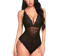 SamHeng Body Sexy con Entrepierna a Presión Para Mujer, Lencería Traviesa de Encaje de una Pieza Encaje Transparente Teddy Lingerie rofundo V Ropa Interior Ropa de Dormir, M