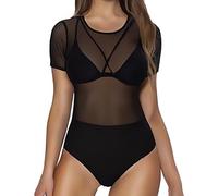 SamHeng Body Sexy de Mujer Larga Transparente Mono Top Bodysuit Elástico de Bodis de Cuello redondo Mesh Talla Grande Bodysuit Vestir para Fiesta-L