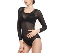 SamHeng Body Sexy de Mujer Larga Transparente Mono Top Bodysuit Elástico de Bodis de Cuello redondo Mesh Talla Grande Bodysuit Vestir para Fiesta-M