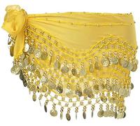 SamHeng Bufanda de cadera para danza del vientre, falda de danza del vientre bufandas de cadera con 128 monedas de oro colgantes para disfraz de actuación clase de Yoga de danza del vientre