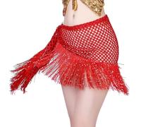 SamHeng Bufanda de Cadera para Danza del Vientre para Mujeres, Brillante Ahuecar Lentejuelas Falda de Belly Dance, Baile Oriental Cinturón de Cadera con Flecos para Actuación Fiesta Rave (Rojo)