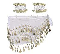 SamHeng Bufanda de danza del vientre con pulsera, 128 monedas cinturón envolvente de falda de danza del vientre con pulseras de tobillo, cadena de cintura de cinturón de falda de baile