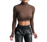 SamHeng Camisetas de Cuello Alto de Manga Larga para Mujer, Camisetas Cortas de Corte Turtleneck Jersey Slim Fit Pullover Top Camiseta Crop Tops Casual Básico Túnica Tops Streetwear (Marrón-L)