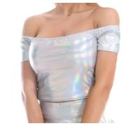 SamHeng Camisetas Metálicas Brillantes de Manga Corta con Hombros Descubiertos para Mujer Top Corto Sólido Cuello Redondo Blusa Tops Camiseta para Disfraz de Fiesta de Baile Discoteca(Plata/M)