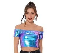 SamHeng Camisetas Metálicas Brillantes de Manga Corta con Hombros Descubiertos para Mujer Top Corto Sólido Cuello Redondo Blusa Tops Camiseta para Disfraz de Fiesta de Baile Discoteca(Azul/M)