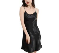 SamHeng Camisón Sexy Mujer de Satén Camisón Mujer Corto Verano Camisola Mujer Dormir Satín Ropa de Dormir para Novia con Ligero y Suave, Negro