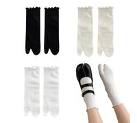 SamHeng Chanclas Tabi para mujer, 3 pares de calcetines japoneses de algodón con puntera abierta, hasta la pantorrilla, elásticos, con volantes, para cosplay Shinobu(3 colores)