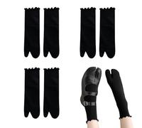 SamHeng Chanclas Tabi para mujer, 3 pares de calcetines japoneses de algodón con puntera abierta, hasta la pantorrilla, elásticos, con volantes, para cosplay Shinobu(negros)