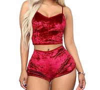 SamHeng Conjunto de Pijama Corto de 2 Piezas para Mujer, Camisola de Terciopelo Sexy y Pantalones Cortos Ropa de Dormir para Damas Lencería con Cuello en V Sin Mangas Crop Top Ropa de Dormir-Rojo
