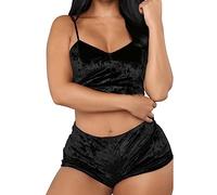 SamHeng Conjunto de Pijama Corto de 2 Piezas para Mujer, Camisola de Terciopelo Sexy y Pantalones Cortos Ropa de Dormir para Damas Lencería con Cuello en V Sin Mangas Crop Top Ropa de Dormir-Negro