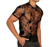 SamHeng Hombre Transparente Floral Camiseta de Malla Sexy Negra Cuello Redondo Tops de Manga Corta Sheer Camisa de Blusa Muscle T-Shirt para Fiesta Carnaval Disco Clubwear Streetwear (XL)