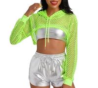 SamHeng Mesh Fishnet Crop Top con Capucha Mujer Manga Larga de Malla Transparente Pecho Abierto Blusa Chaleco Sexy Tops Hooded Shirts Camiseta Corta Traje Club Danza Fiesta (Verde/L)