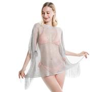SamHeng Mujer Borla Bikini Cover Up, Sexy Ropa de Playa Brillante Malla Suelto Traje de Baño Blusa, Verano Protección UV Sombrilla Chal para Playa Piscina (Plata)