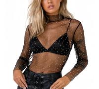SamHeng Mujer Sexy Sheer Mesh Tops con transparencias Camisa de manga larga Cuello simulado Sparkle Basic Tee Blusa Tops Fiesta Clubwear(Negro/L)