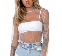 SamHeng Mujer Sexy Sheer Mesh Tops con transparencias Camisa de manga larga Cuello simulado Sparkle Basic Tee Blusa Tops Fiesta Clubwear(Blanco/M)