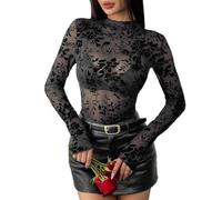 SamHeng Negro Transparente Top Floral de Malla para Mujer, Sexy Estampado Tops de Manga Larga Y2K Slim Fit Básico T-Shirt de Cuello Redondo Sheer Camiseta de Blusa Ropa de Club Streetwear (M)